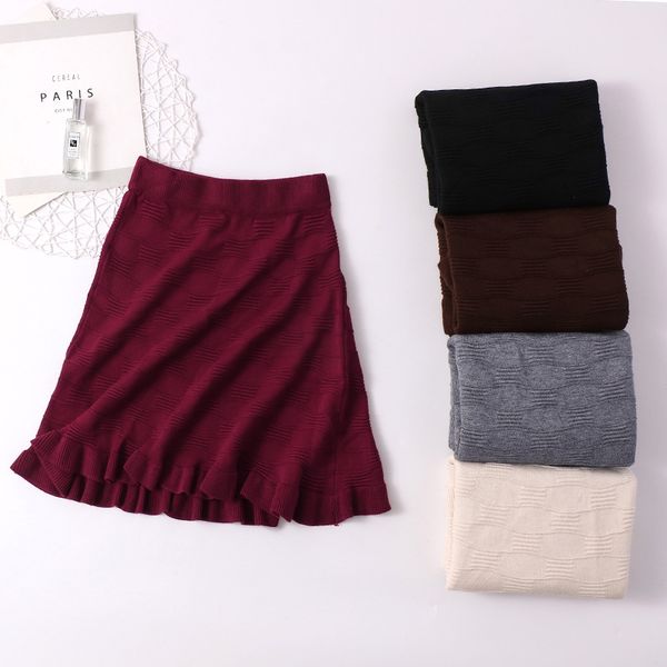 

singrain women ruffle knitted skirt winter college style faldas mujer autumn solid saias elastic casual a-line sweater skirt, Black