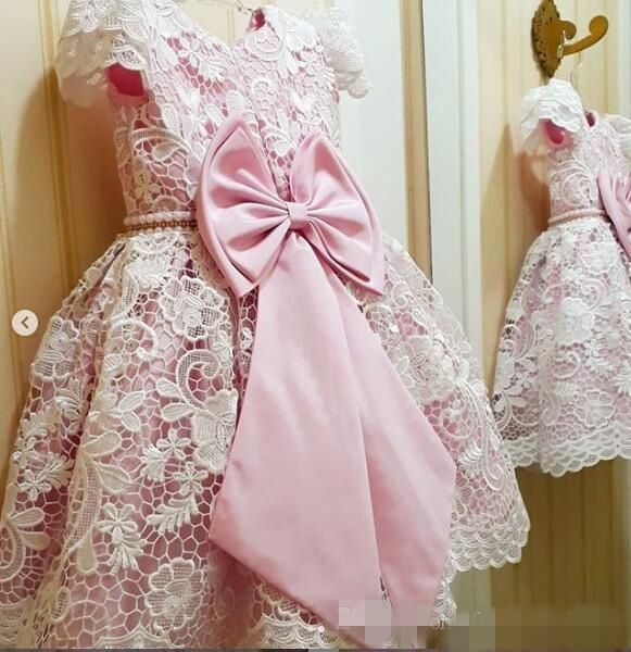 Laço bonito branco flor meninas vestidos jóia pescoço mangas tampadas rosa cetim pérola frisado arco primeira comunhão menina pageant vestido de baile
