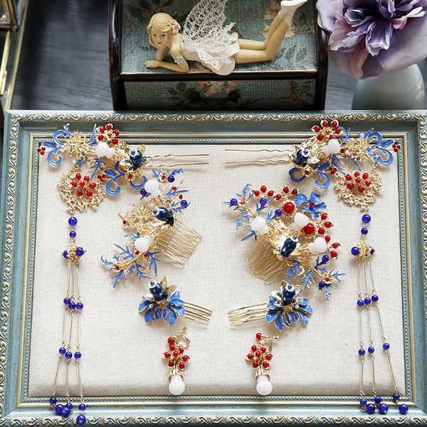 

chinese cloisonne phoenix crown ornament ancient costume hairpin classic wedding dragon hair accessories, Golden;white