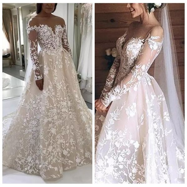 

a line long sleeve muslim lace champagne wedding dresses sheer african spring wedding dress bridal gown 2019 vestido de casamento, White