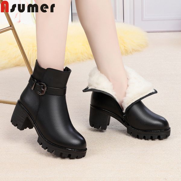 

asumer 2020 new winter snow boots round toe zip ladies ankle boots square high heels shoes keep warm sheep wool women, Black