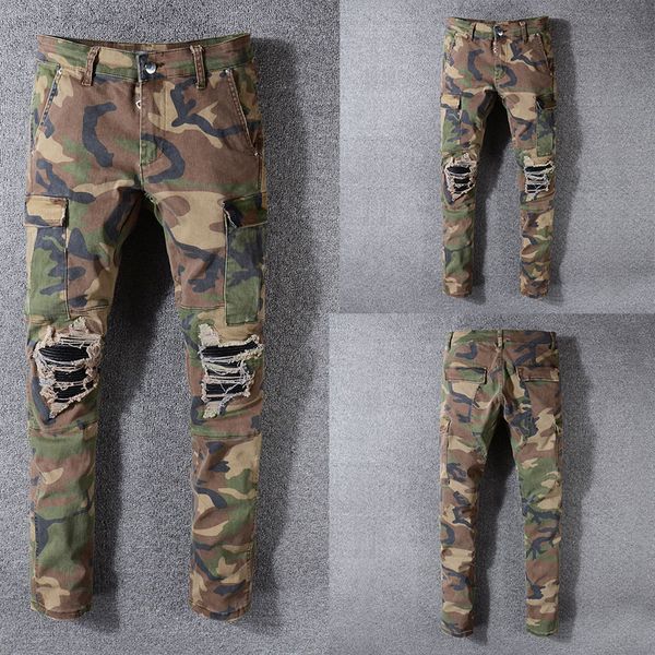 

italian style new men jeans,army green camouflage patchwork casual pants slim fit brand streetwear stretch biker jeans men, Blue