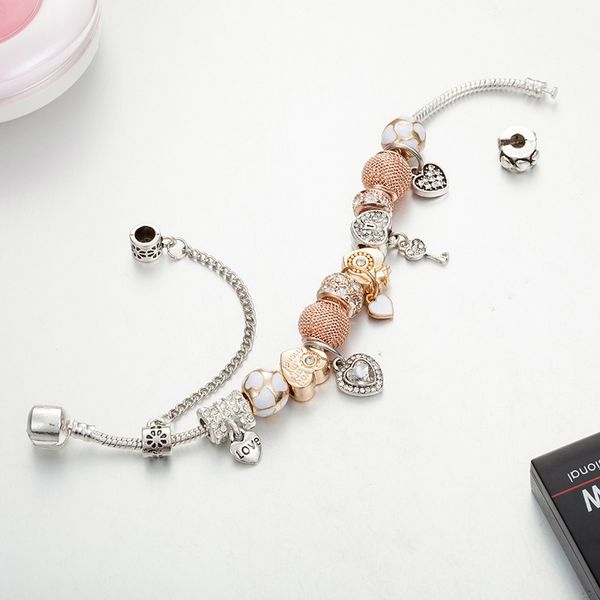 

wholesale- new charm bracelet with original box for jewelry silver plated diy peach heart pendant beaded bracelet, Golden;silver