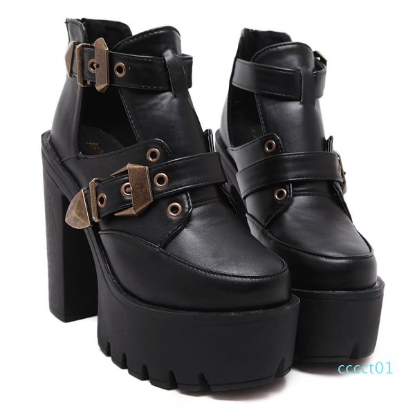 

fashion buckle platform chunky heels designer shoes motorcycle ankle bootie, Black