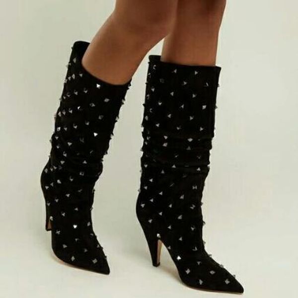 

2019 latest fashion spike heel black studed boots suede mid-calf knee boots celebrity shoes women