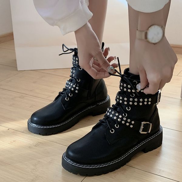

shoes women 2019 autumn winter boots women casual booties zipper belt buckle ankle boot student motorcycle boots single shoes, Black