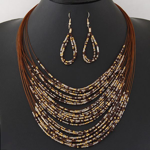 

diezi new fashion african beads jewelry sets bohemian multilayer colorful ladies women jewelry statement necklace earrings set, Silver