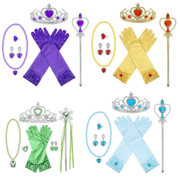 Meninas princesa acessórios de cosplay 6 pc set coroa + vara de fadas + colar + luvas + anel + gardinha crianças desempenho do partido jóias halloween c4685