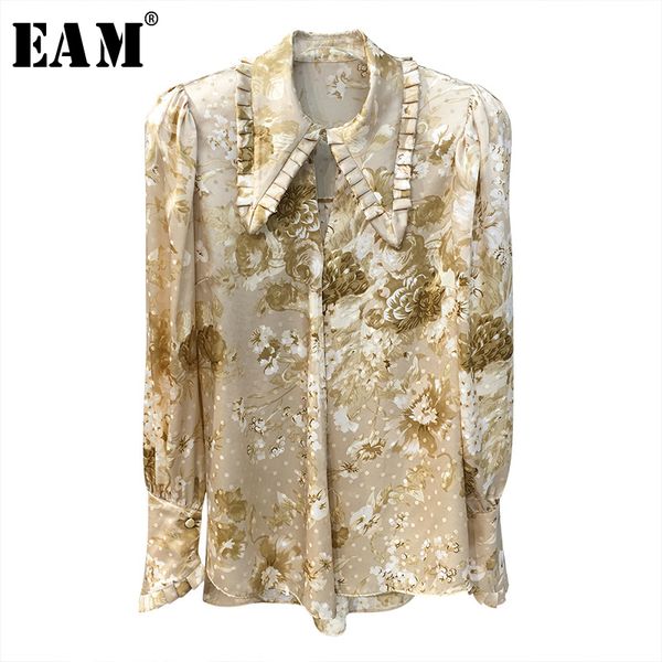 

eam] женщины шаблон печатных плиссированные темперамент блузка новый лацкан с длинным рукавом свободный покрой рубашки мода весна осень 202, White