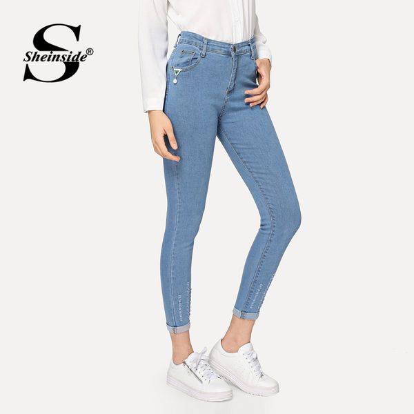 

sheinside синий ripped сворачивающиеся узкие джинсы женщины 2019 весна высокой талией кнопка эластичные конические джинсы повседневные тверд, Blue