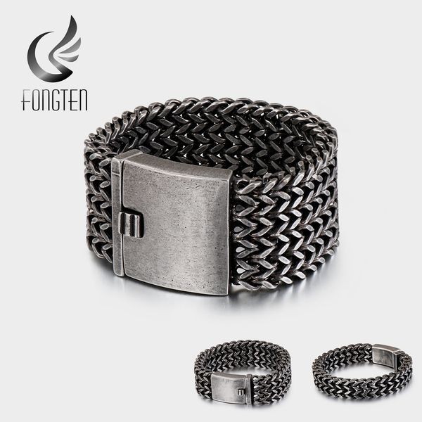 

fongten mesh link chain bracelet men punk silver vintage metal stainless steel mens wrist band charm wide bracelets jewelry, Golden;silver