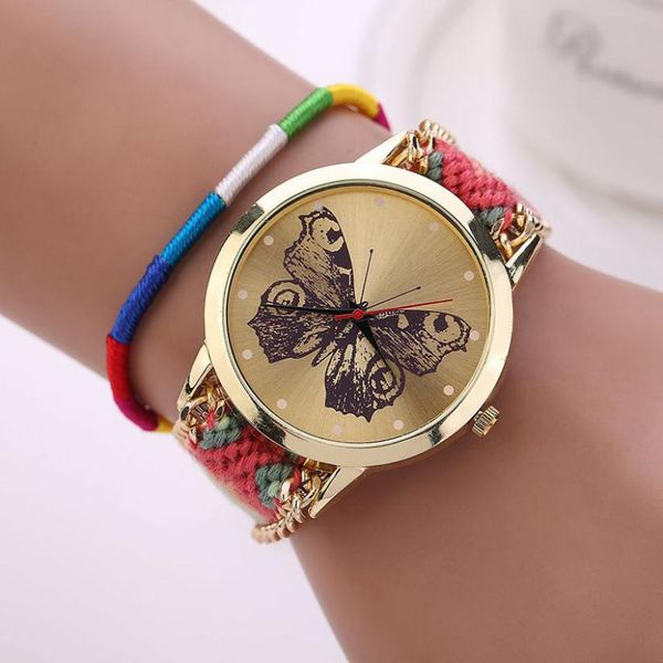 

xiniu watch bracelet for women girl dial quartz watch handmade weaved braided butterfly gold bracelets, Slivery;brown