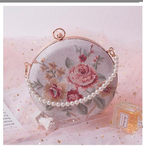 

angelatracy 2019 new arrival floral flower french style embroidery metal frame pearl circular bag bags crossbody bag