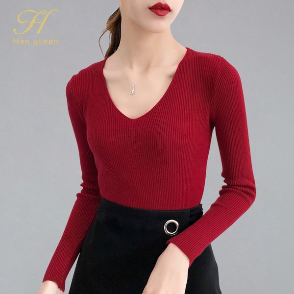

h han queen 2019 autumn women sweaters v-neck long sleeve soft elasticity knitwear sweater bottoming pullover casual korean top, White;black