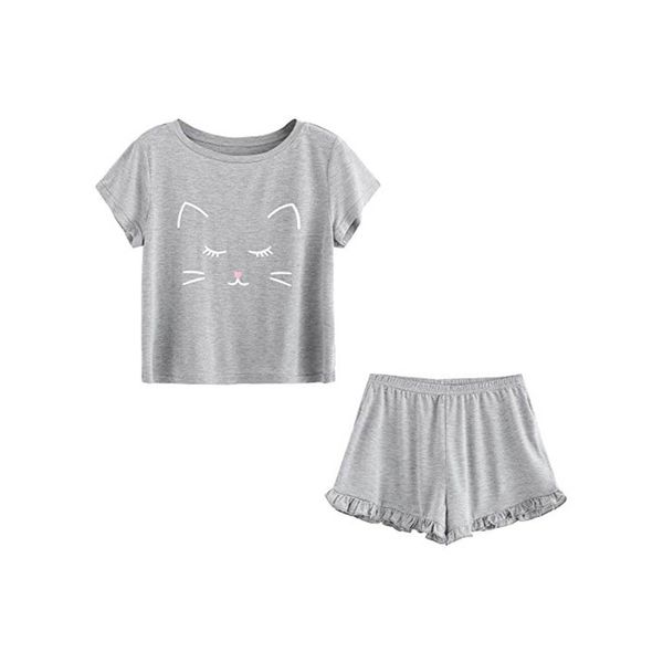 

women pajama suits women's casual cat shorts short sleeve ruffled t-shirt sleepwear nightwear set nightdress new a412, White