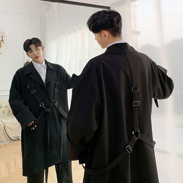 

xlautumn fashion designer black alternative straps long trench coat men's over the knee coat tide, Tan;black
