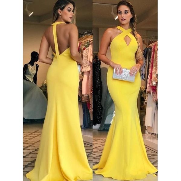 

Open Back Yellow Long Mermaid Prom Dresses 2019 New Sleeveless Halter Neck Floor Length Simple Formal Evening Dress Party Gowns