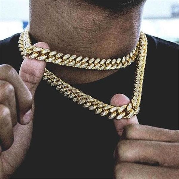 

hip hop miami curb cuban chain necklace 15mm 30inches golden iced out paved rhinestones cz bling rapper necklaces men jewelry, Silver