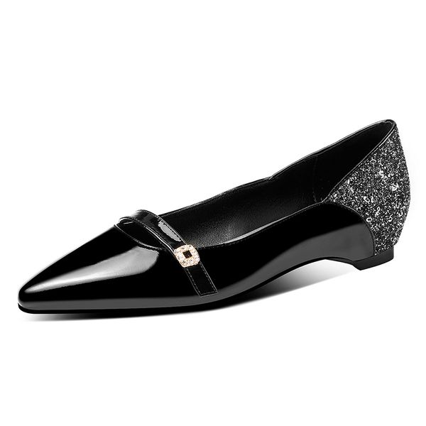

genuine leather bling women pumps 3cm low heels shoes woman pointed toe ladies women shoes female pumps, Black