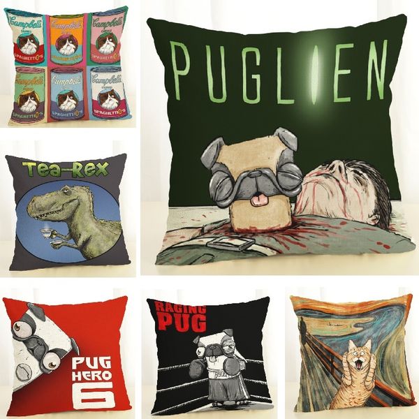 

cushion cover pugs cat dinosaur linen pillow cover pug accessories decor throw pillows sofa home decoration pillowcase