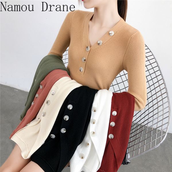 

2020 v neck long sleeve pullover jumpers women solid color buttons casual slim sweater female basic sueter mujer, White;black