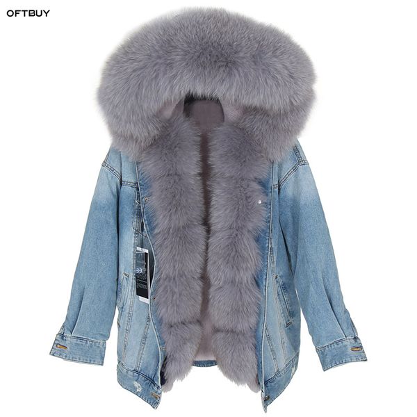 

oftbuy 2019 real fur coat winter jacket women coat real fox fur collar denim jacket parka streetwear outerwear new ins fashion sh190930, Black;brown