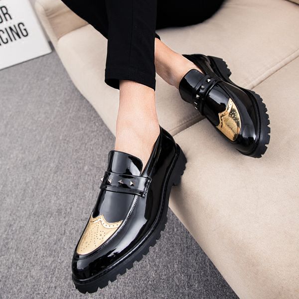 

leather shoes male leather shoes pointed bright face personality thick male, Black