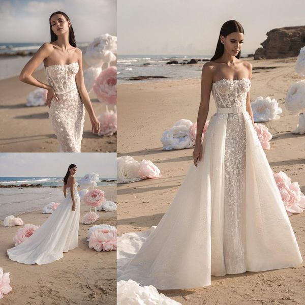 

bohemian mermaid modest wedding dresses tulle lace applique beads crystal formal dress detachable tail strapless sweep train bridal gowns, White