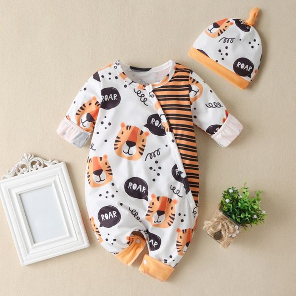 

newborn baby girl cotton long sleeve bodysuit+hat infant cartoon romper set autumn, White