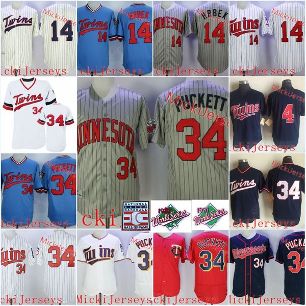 

mens vintage 1987 #34 kirby puckett jersey stitched blue pullover white pinstripe #4 paul molitor #14 kent hrbek 1991 ws patch jersey s-3xl, Black;red