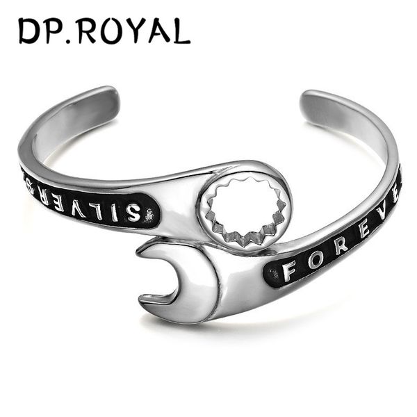 

newst stainless steel hip hop open end wrench bracelet titanium steel punk locomotive bracelet men's jewelry gift, Black