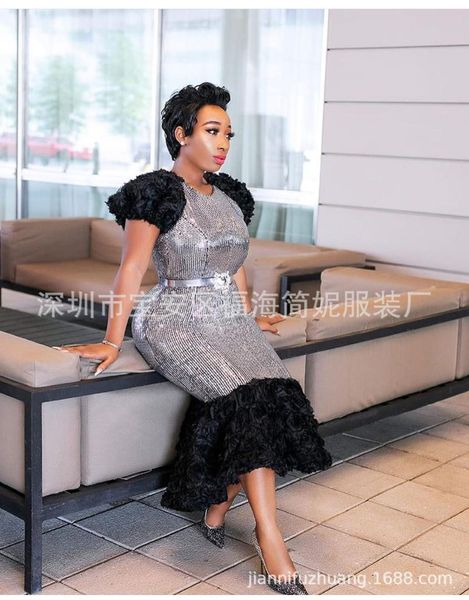 

european and american women elastic sequins hit black three-dimensional flowers slim fish tail dress with good quality diamond b, Red