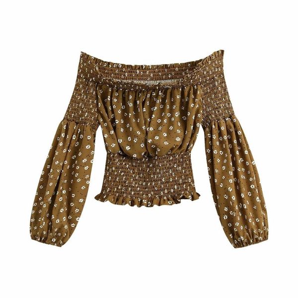 

2020 summer women's new retro word shoulder collar long sleeve french scheming shirt niche floral floral honeycomb waist shirt, White