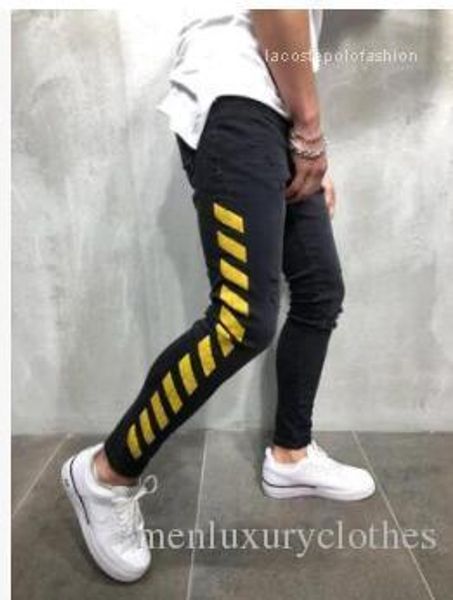

ripped jeans slim fit street jeans mens brand designer jeans black yellow striped white pencil, Blue