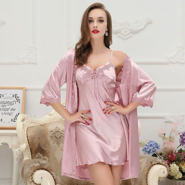 

women robe & gown sets summer silk lace 2 pcs sleep dress+robe sleepwear female satin night gown nightdress home wear, Black;red