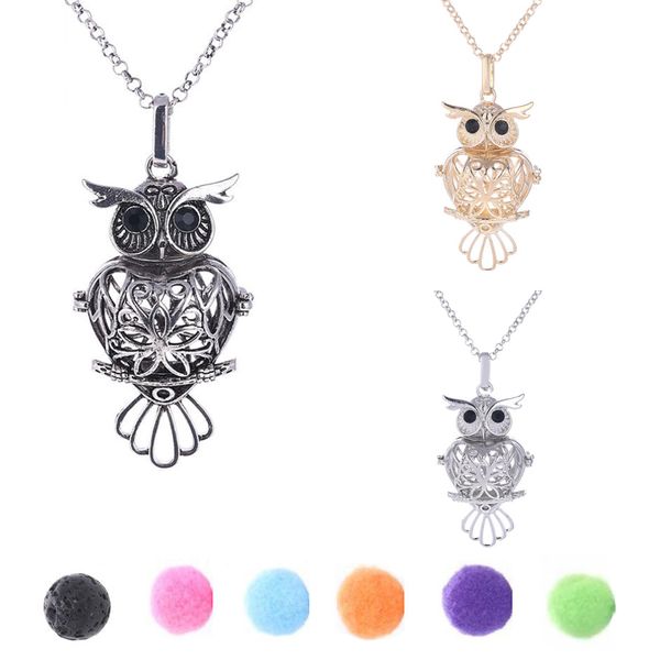 

Hollow Open owl cage Pendant Aromatherapy necklaces For women Diffuser Essential Oil Lava Rock Stone Lockets Fashion Jewelry in Bulk