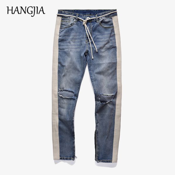 

high street striped hole jeans new trend men's washed distressed ankle zipper skinny denim pants straight slim fit biker jeans, Blue