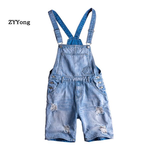 

summer blue overalls men shorts hole denim jumpsuit bib freight ripped jeans hip hop streetwear leisure rompers cargo pants