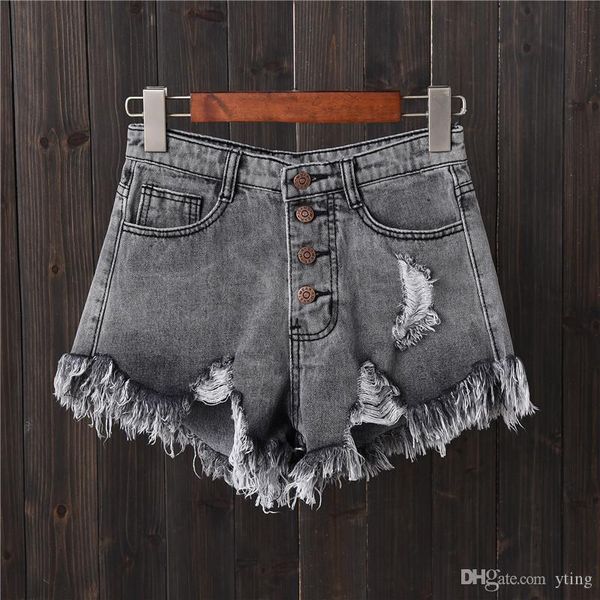 

denim shorts gray hole row buckle large size jeans female summer thin wide leg pants pants edge
