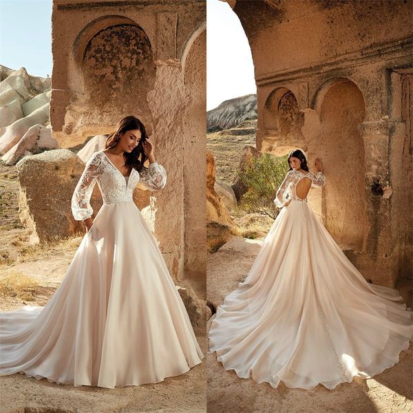 

elegant a-line eddy k wedding dresses v-neck long sleeve appliqued lace bridal dress backless court train custom made bridal gown cheap, White