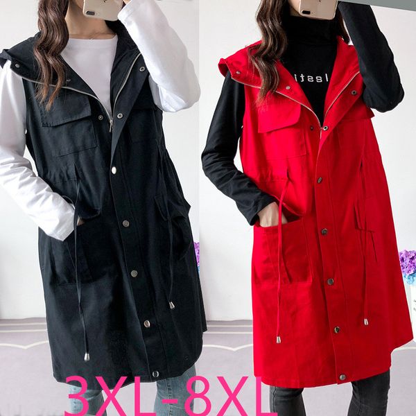 

2019 autumn winter plus size long coat for women casual loose sleeveless vest coats with hat black red green 4xl 5xl 6xl 7xl 8xl, Black;white