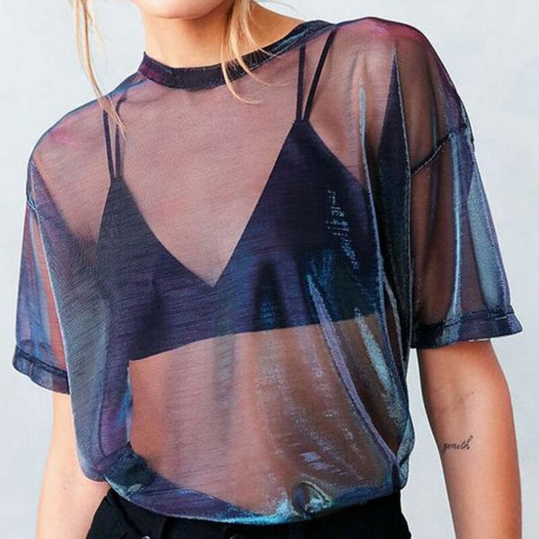 

summer sexy mesh тенниска женщин с коротким рукавом рубашки crew neck женщин сыпучие прозрачные тис топы hollow футболка, White