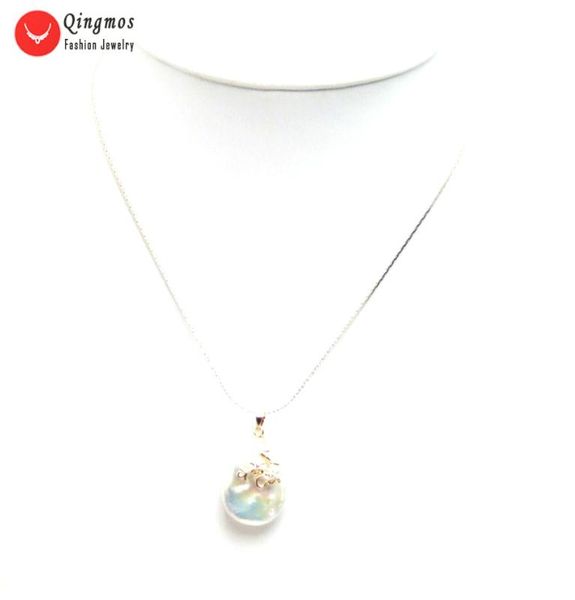 

qingmos trendy 20mm natural white pearl pendant necklace for women with oval pearl necklace chokers chain jewelry box pe107, Silver