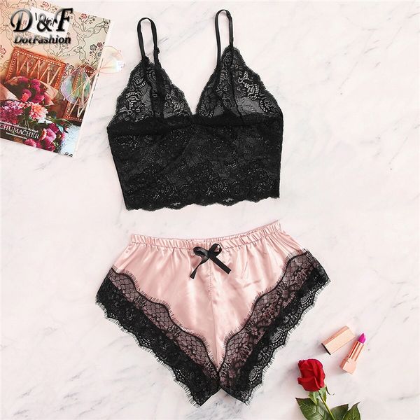 

dotfashion floral lace bralette with satin shorts women 2019 summer sets ladies bralettes bra and shortie underwear set, Red;black