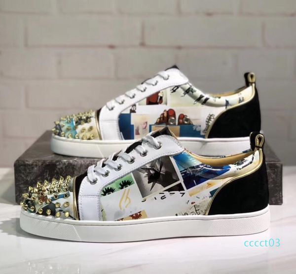

19s wholesale r glitter leather fashion red bottom spikes sneakers for women,men casual walking luxury designer walking eu35-46 ct03, Black