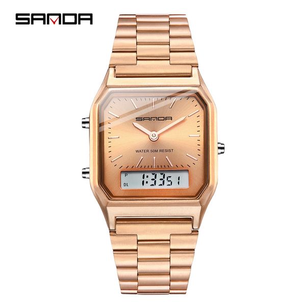 

new sanda 474 men watch square stainless steel luxury quartz digital display women sports waterproof zegarek damski wristwatches, Slivery;brown