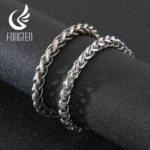 

fongten stainless steel braided bracelet men retro silver hip hop bracelets bangles male fashion jewelry accessory, Black