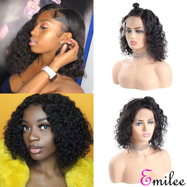 

emilee deep wave half lace bob wigs peruvian 12 inch half lace frontal bob wig pre plucked human virgin remy hair wig, Black;brown