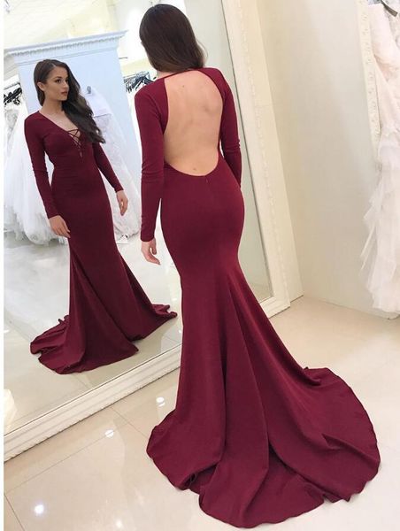 

wine red backless prom dresses evening formal gowns mermaid deep v neck satin long sleeves bridesmaid party pageant dress cheap, Black