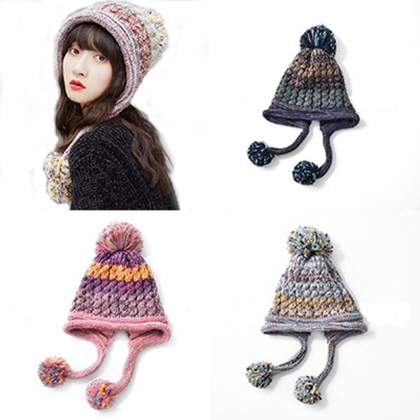 

6 colors women pompon knitted hat fashion lady fur ball ear protector beanies hat outdoor winter warm knit croche cap fa3182